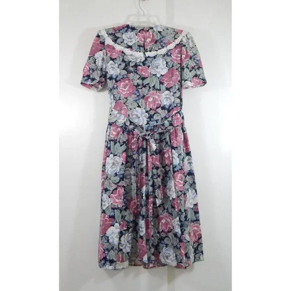 vintage 80s PRAIRIE DRESS COTTAGECORE floral pearl buttons midi puffy shoulder M - Picture 6 of 7